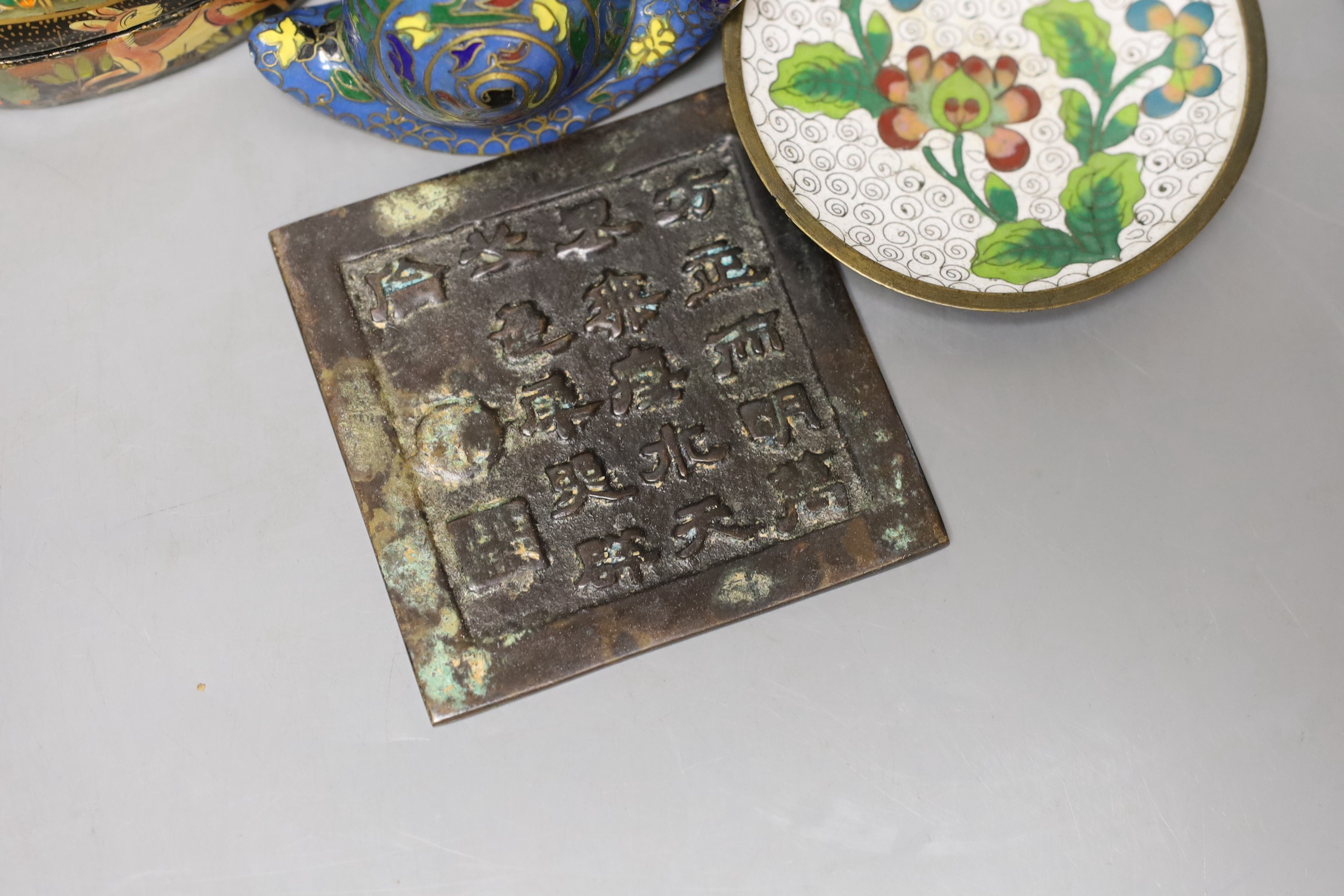 A Chinese bronze phoenix, a bronze plaque and Chinese cloisonne wares (8)